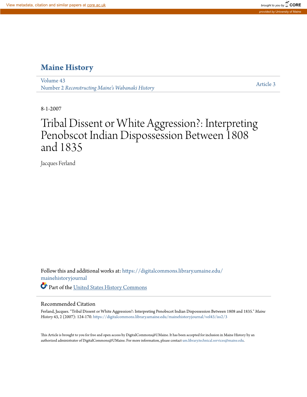 Interpreting Penobscot Indian Dispossession Between 1808 and 1835 Jacques Ferland