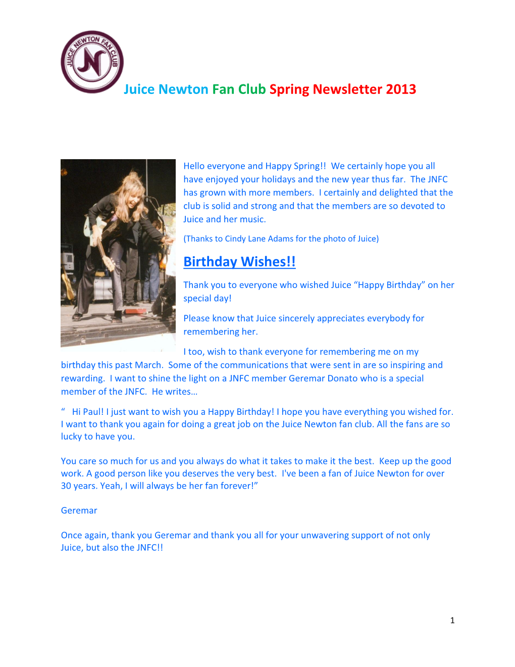 Juice Newton Fan Club Spring Newsletter 2013 Birthday Wishes!!