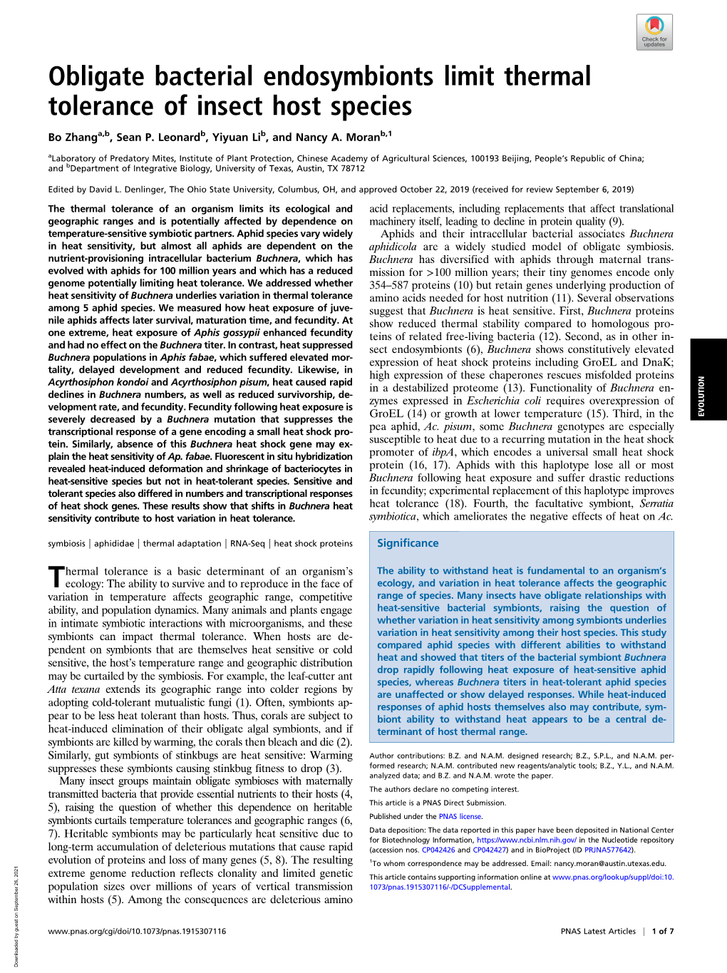 Obligate Bacterial Endosymbionts Limit Thermal Tolerance of Insect Host Species