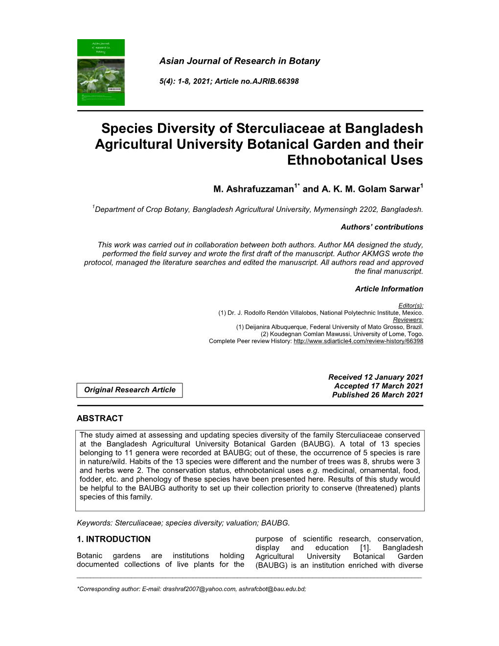 Species Diversity of Sterculiaceae at Bangladesh Agricultural University Botanical Garden and Their Ethnobotanical Uses