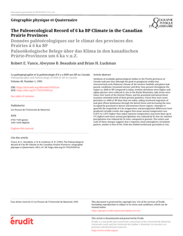 The Paleoecological Record of 6 Ka BP Climate in the Canadian Prairie