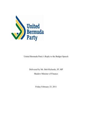 United Bermuda Party's Reply to the Budget Speech Delivered by Mr