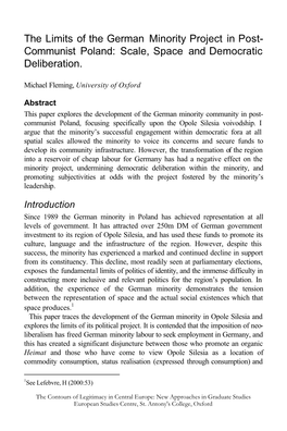 The Limits of the German Minority Project in Post- Communist Poland: Scale, Space and Democratic Deliberation