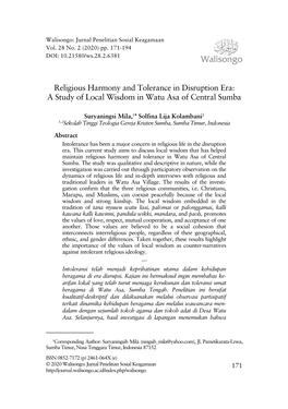 Religious Harmony and Tolerance in Disruption Era: a Study of Local Wisdom in Watu Asa of Central Sumba