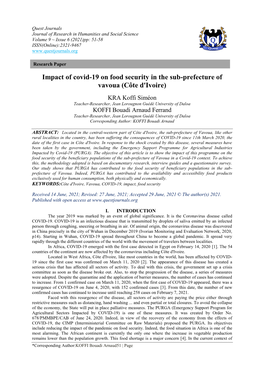 Impact of Covid-19 on Food Security in the Sub-Prefecture of Vavoua (Côte D'ivoire)