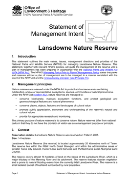 Statement of Management Intent Lansdowne Nature Reserve