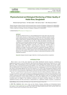Physicochemical and Biological Monitoring of Water Quality of Halda River, Bangladesh