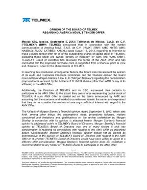 Opinion of the Board of Telmex Regarding América Móvil's Tender Offer