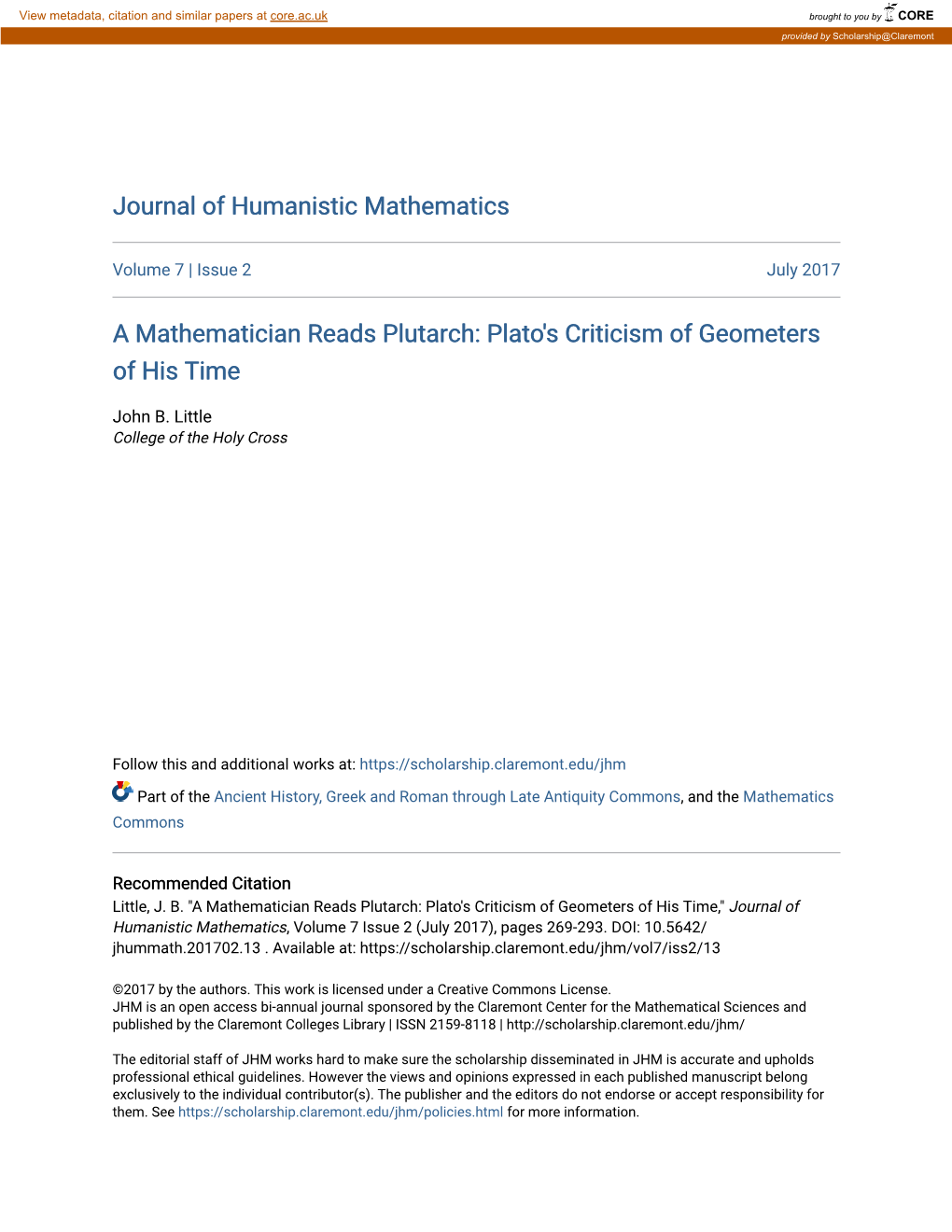 A Mathematician Reads Plutarch: Plato's Criticism of Geometers of His Time