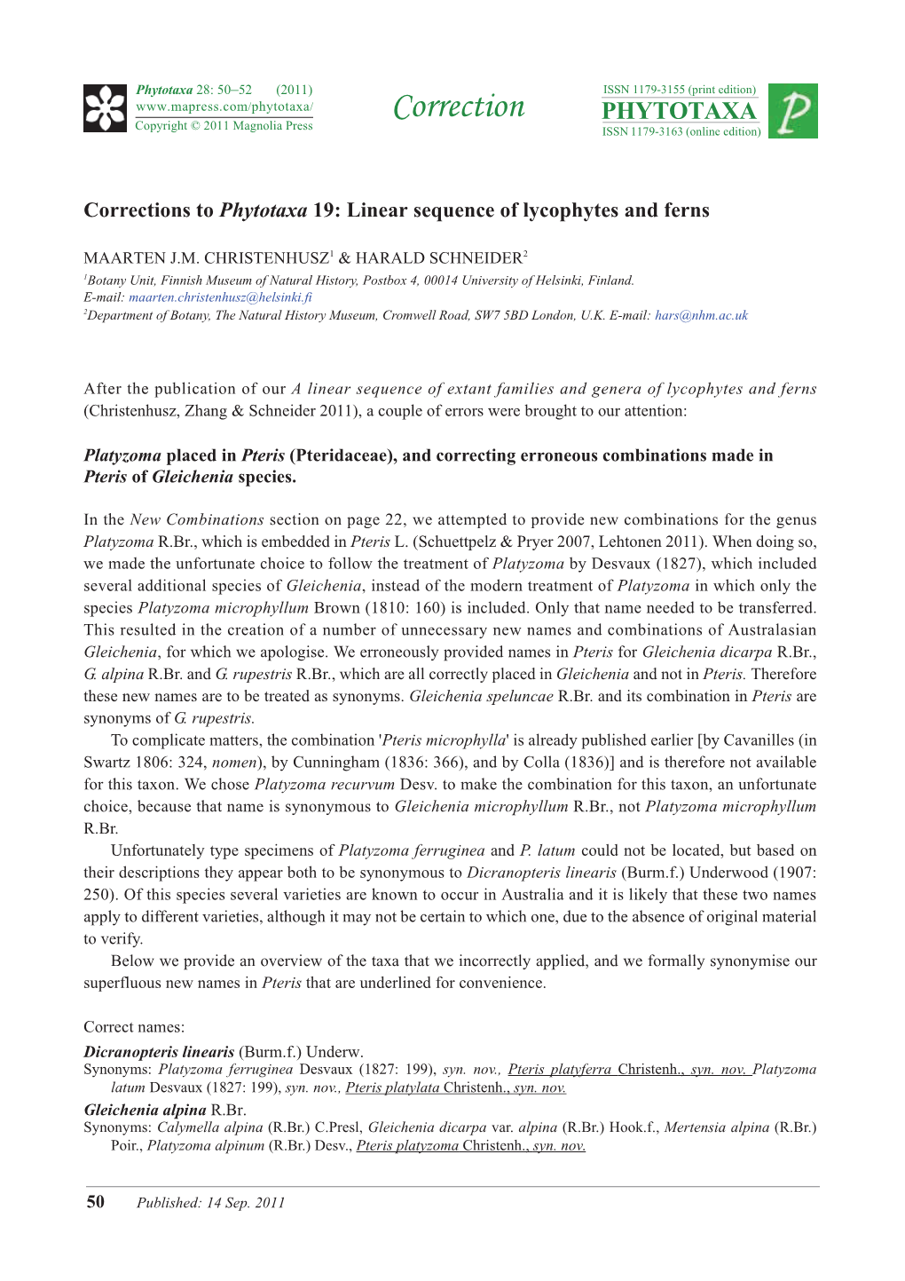 Corrections to Phytotaxa 19: Linear Sequence of Lycophytes and Ferns