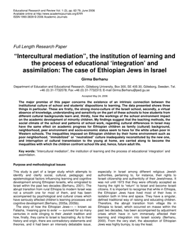Intercultural Mediation”, the Institution of Learning and the Process of Educational ‘Integration’ and Assimilation: the Case of Ethiopian Jews in Israel