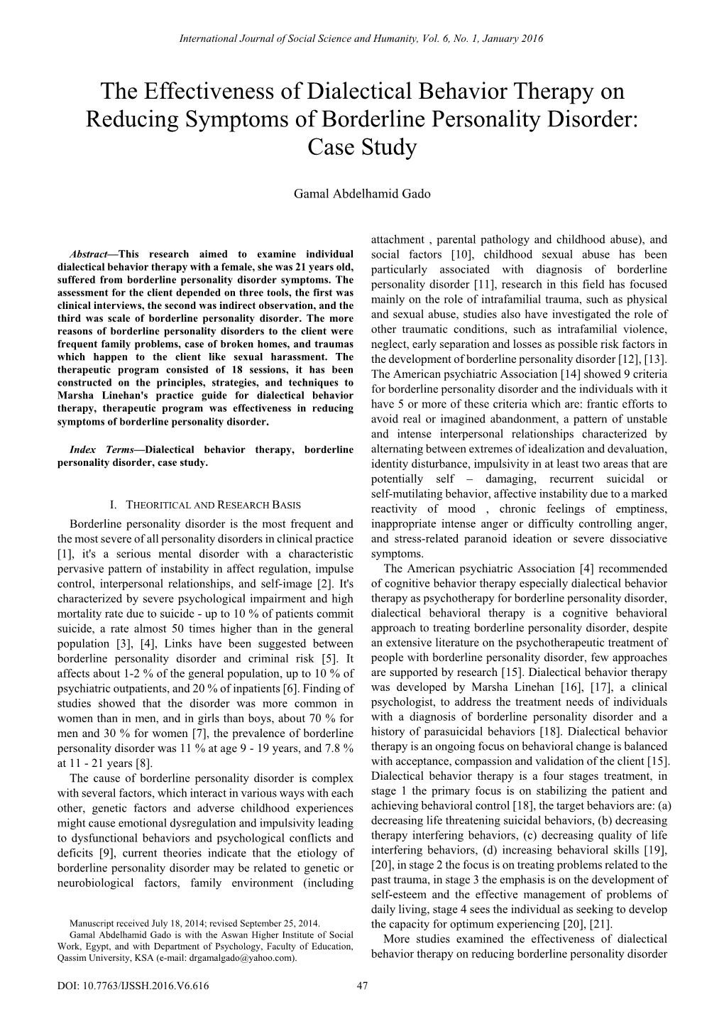 The Effectiveness of Dialectical Behavior Therapy on Reducing Symptoms of Borderline Personality Disorder: Case Study