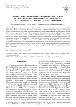 Evaluation of Antimicrobial Activity of the Lichens Physcia Aipolia, Xanthoria Parietina, Usnea Florida, Usnea Subfloridana and Melanohalea Exasperata