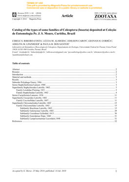 Zootaxa, Catalog of the Types of Some Families of Coleoptera (Insecta) Deposited at Coleção