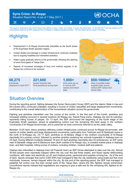 Syria Crisis: Ar-Raqqa Situation Report No. 4 (As of 1 May 2017 )