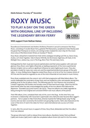 Roxy Music to Play a Day on the Green with Original Line up Including the Legendary Bryan Ferry