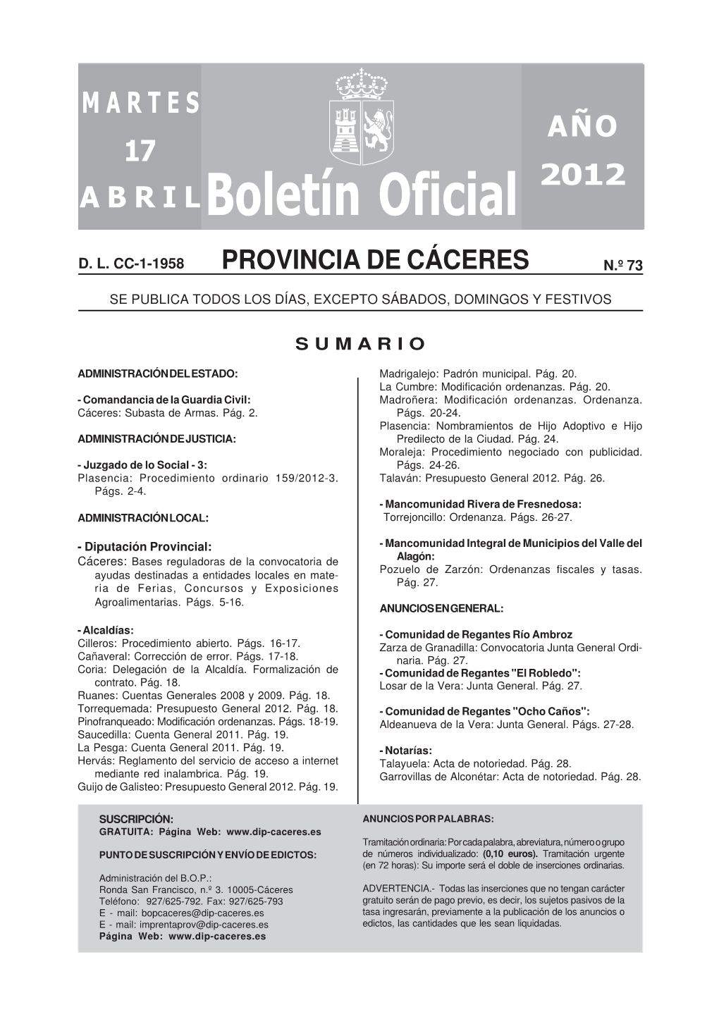 Boletín Oficial De La Provincia De Cáceres