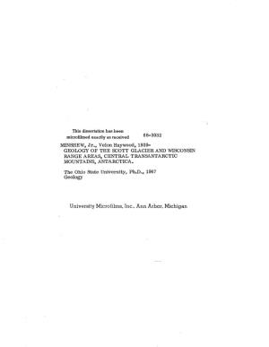 University Microfilms, Inc., Ann Arbor, Michigan GEOLOGY of the SCOTT GLACIER and WISCONSIN RANGE AREAS, CENTRAL TRANSANTARCTIC MOUNTAINS, ANTARCTICA