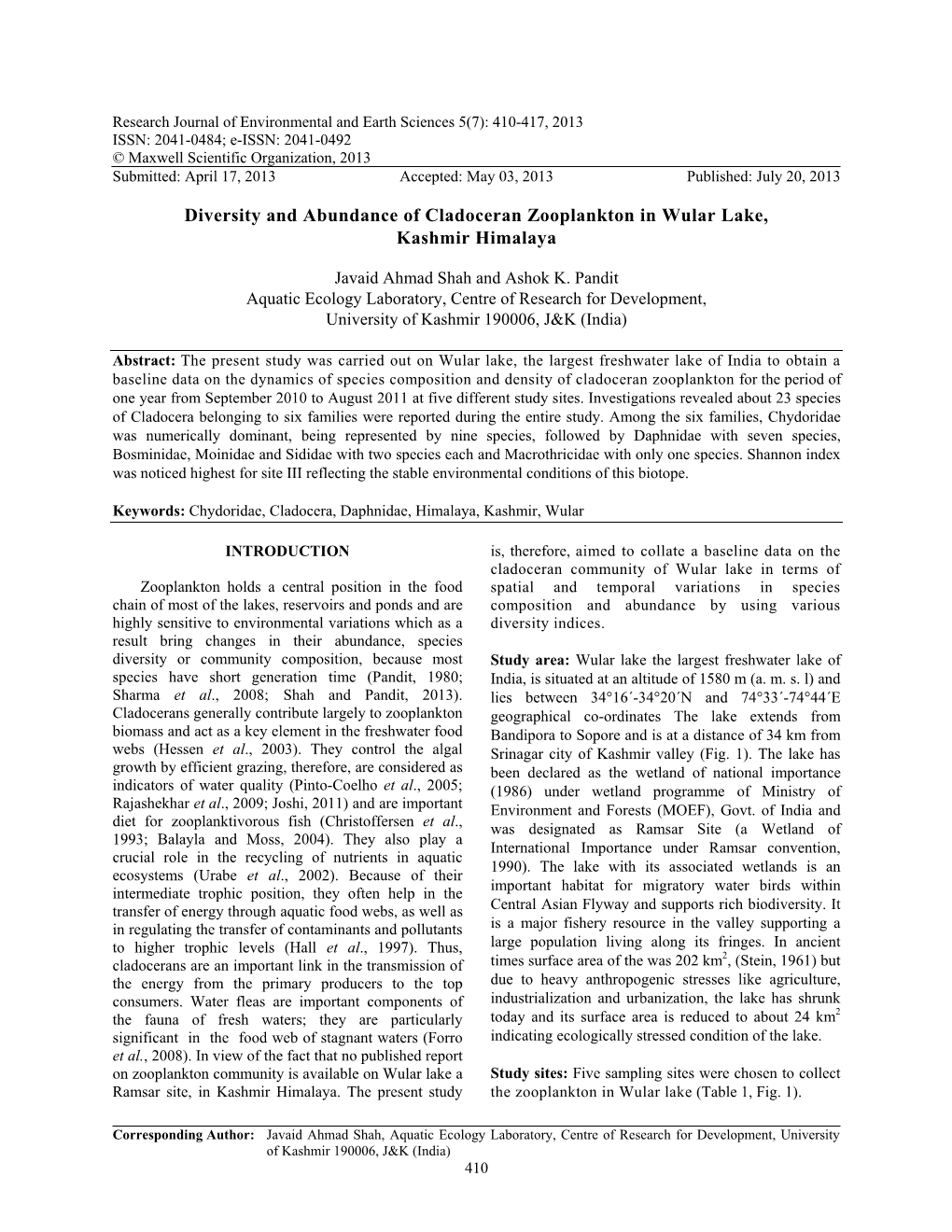 Diversity and Abundance of Cladoceran Zooplankton in Wular Lake, Kashmir Himalaya