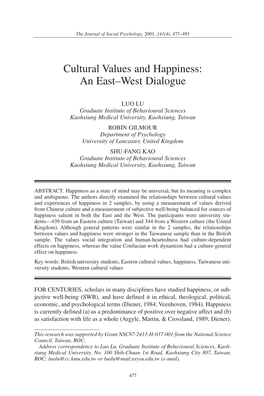 Cultural Values and Happiness: an East–West Dialogue