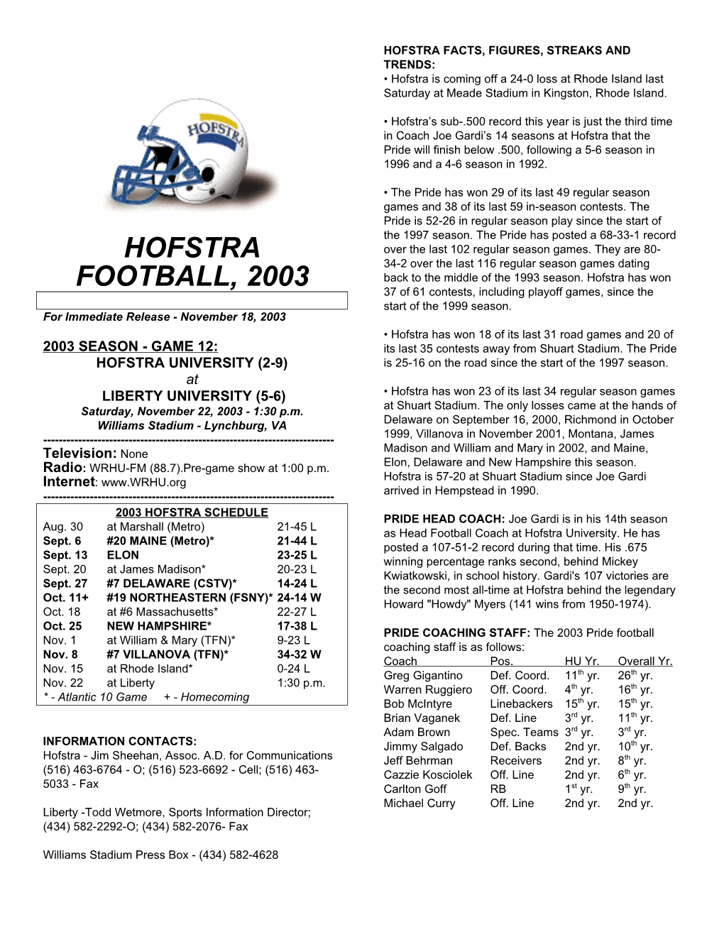 Hofstra Football, 2003