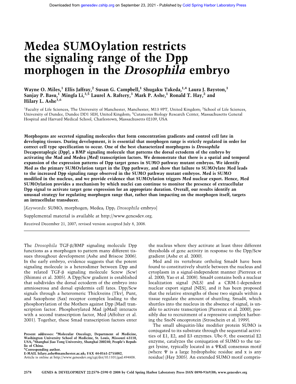 Medea Sumoylation Restricts the Signaling Range of the Dpp Morphogen in the Drosophila Embryo