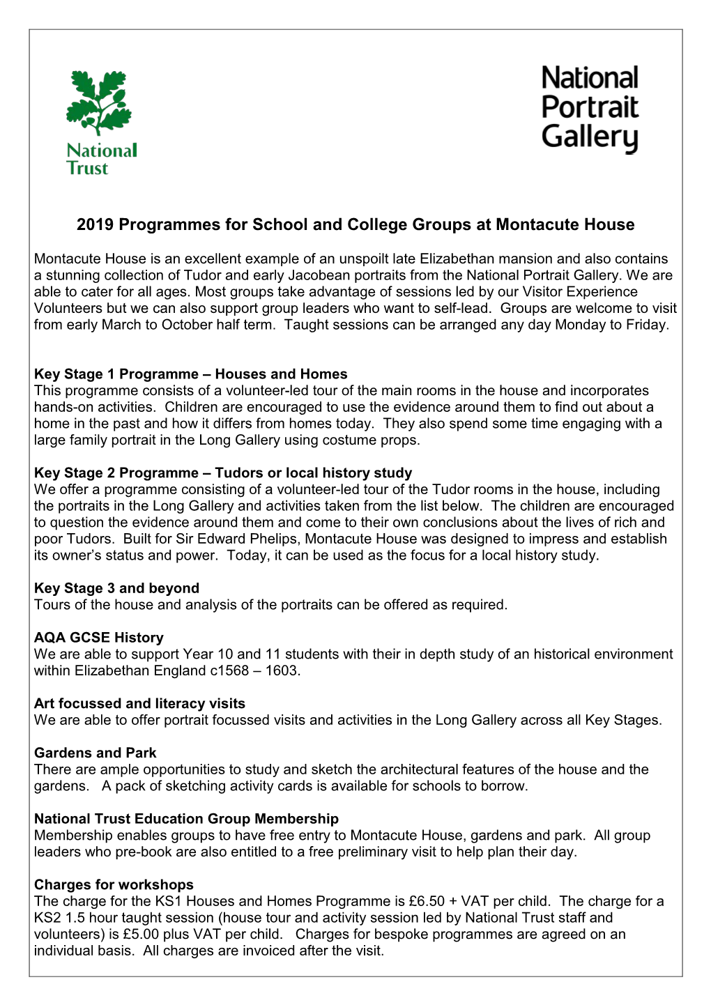 2019 Programmes for School and College Groups at Montacute House