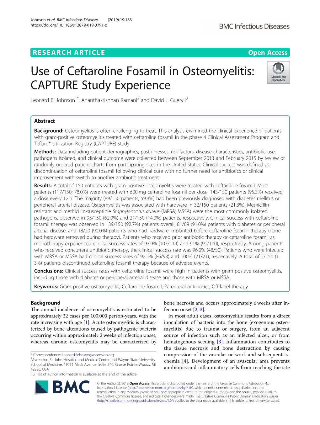 Use of Ceftaroline Fosamil in Osteomyelitis: CAPTURE Study Experience Leonard B