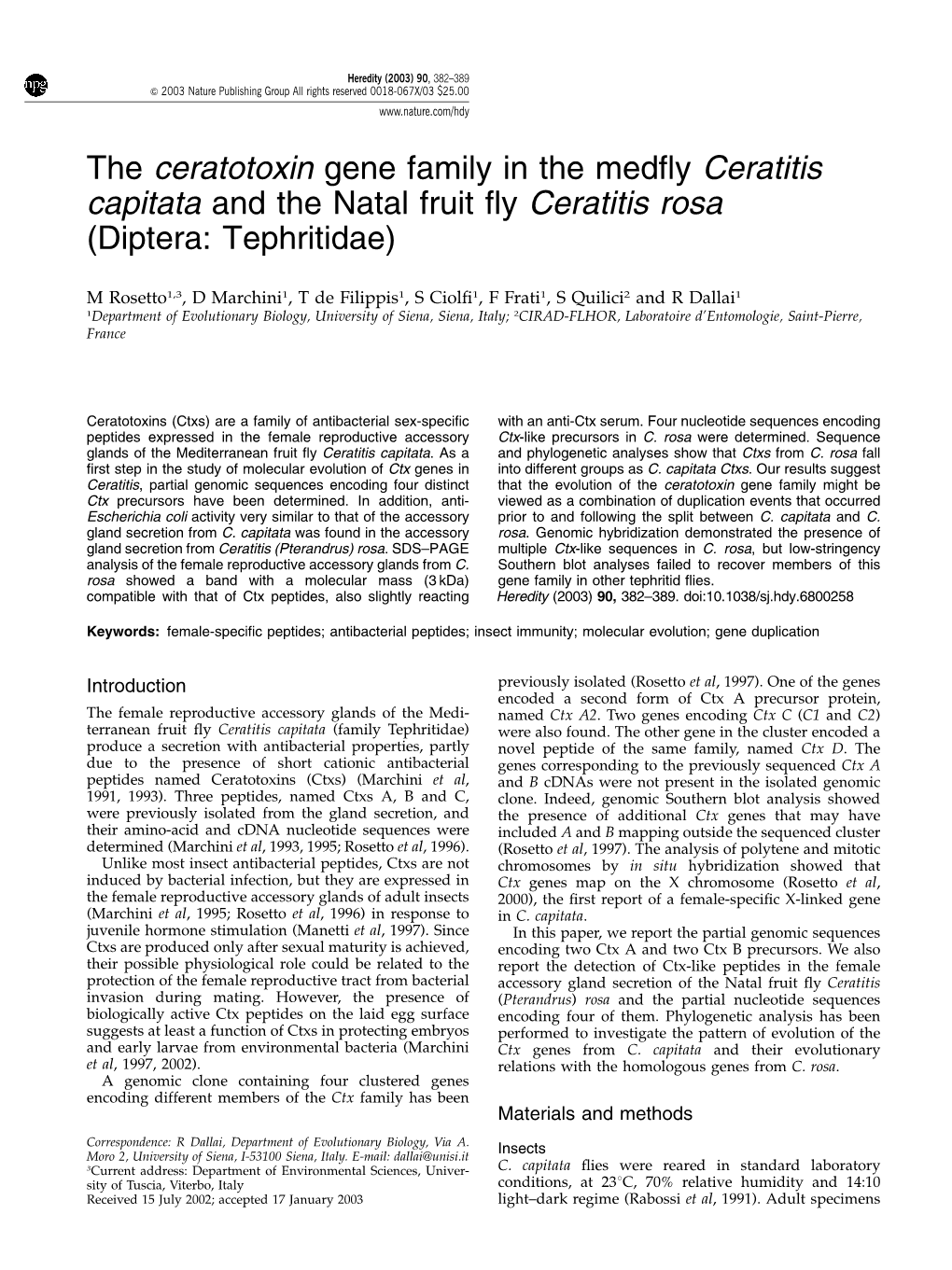 The Ceratotoxin Gene Family in the Medfly Ceratitis Capitata and The