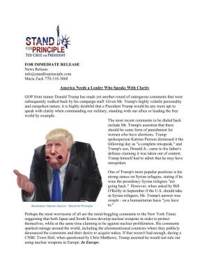 FOR IMMEDIATE RELEASE News Release Info@Standforprinciple.Com Maria Zack 770-318-3868 America Needs a Leader Who Speaks With