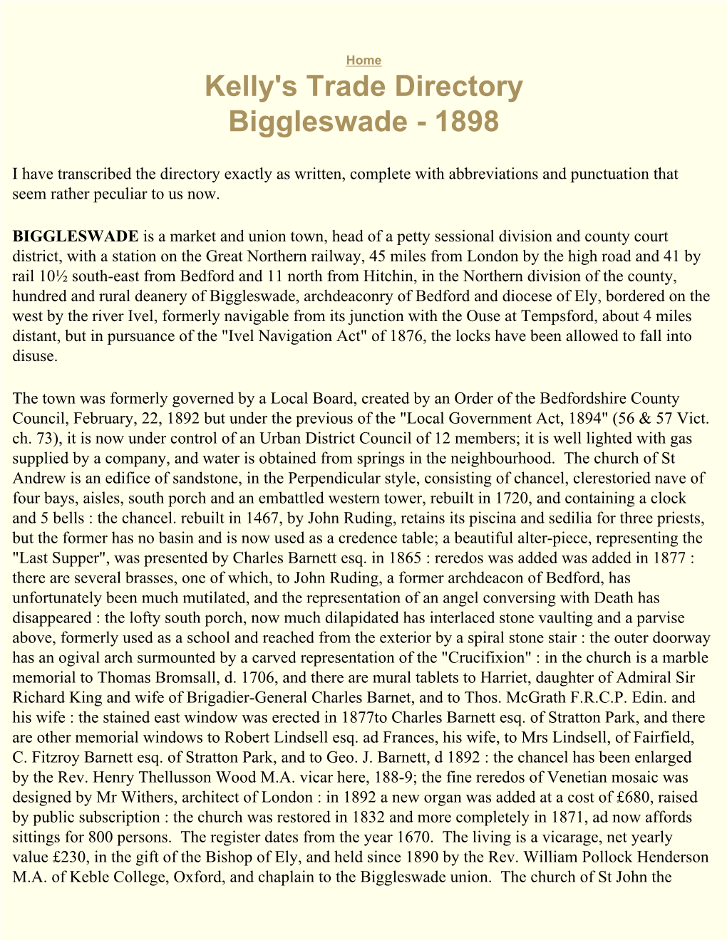 Kelly's Trade Directory Biggleswade - 1898