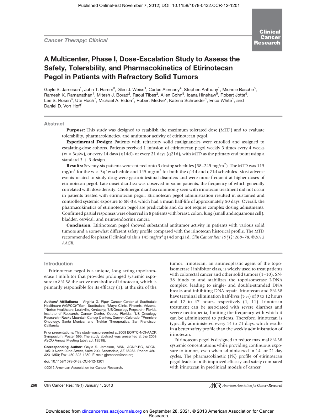 A Multicenter, Phase I, Dose-Escalation Study to Assess the Safety, Tolerability, and Pharmacokinetics of Etirinotecan Pegol in Patients with Refractory Solid Tumors