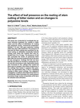 The Effect of Leaf Presence on the Rooting of Stem Cutting of Bitter Melon and on Changes in Polyamine Levels