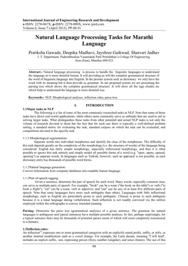 Natural Language Processing Tasks for Marathi Language Pratiksha Gawade, Deepika Madhavi, Jayshree Gaikwad, Sharvari Jadhav I