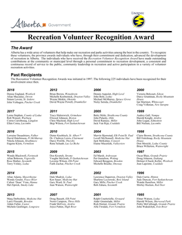 Recreation Volunteer Recognition Award