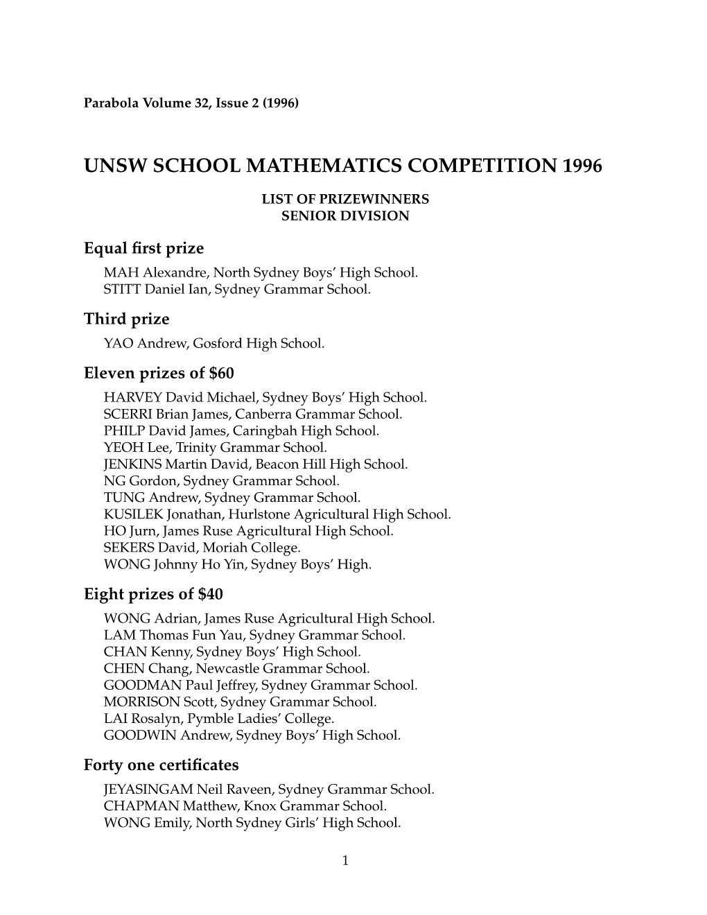 Unsw School Mathematics Competition 1996