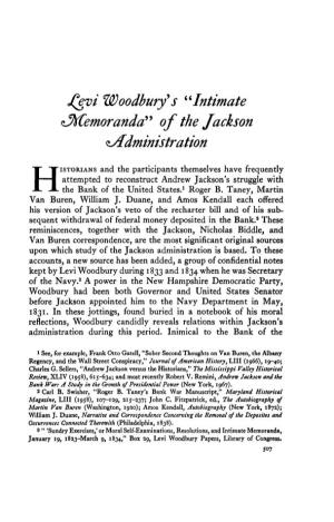 "Intimate &lt;Lmemoranda" of the Jackson ^Administration