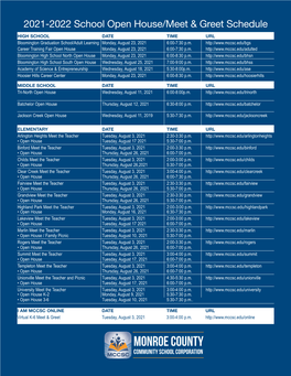 2021-2022 School Open House/Meet & Greet Schedule