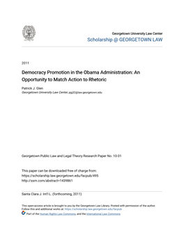 Democracy Promotion in the Obama Administration: an Opportunity to Match Action to Rhetoric