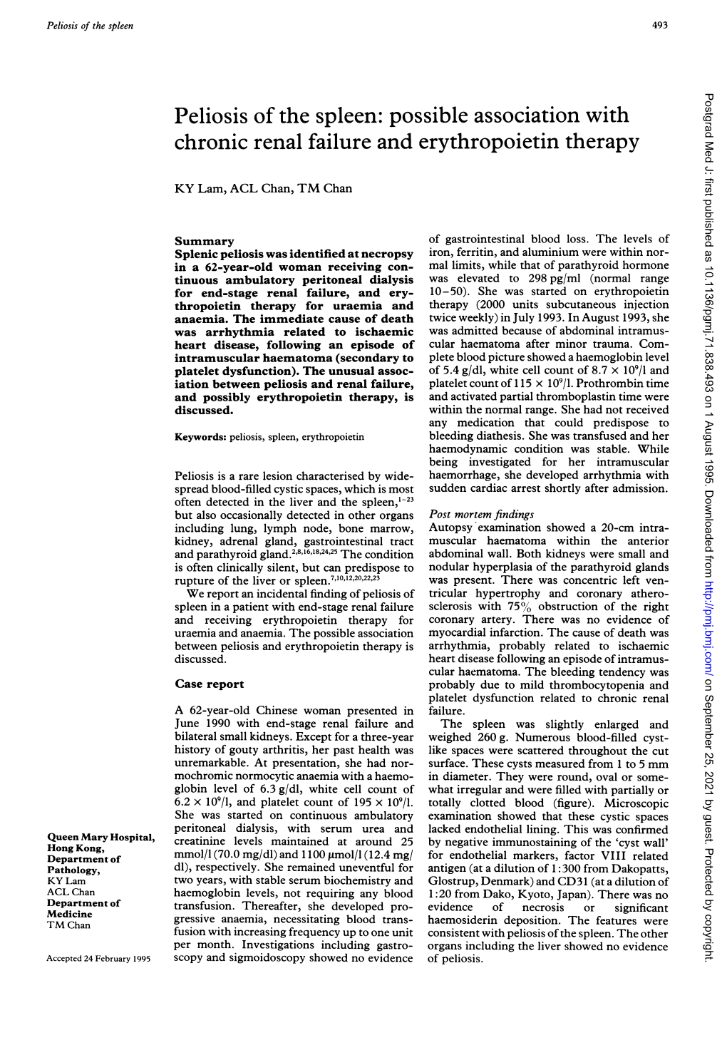 Peliosis of the Spleen: Possible Association with Chronic Renal Failure and Erythropoietin Therapy