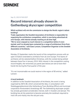 Record Interest Already Shown in Gothenburg Skyscraper Competition