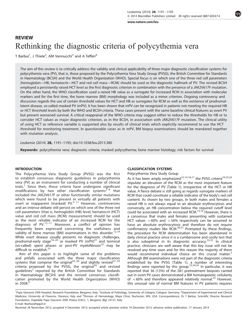 Rethinking the Diagnostic Criteria of Polycythemia Vera