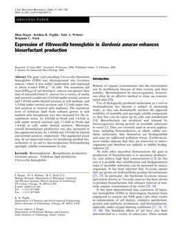 Expression of Vitreoscilla Hemoglobin in Gordonia Amarae Enhances Biosurfactant Production