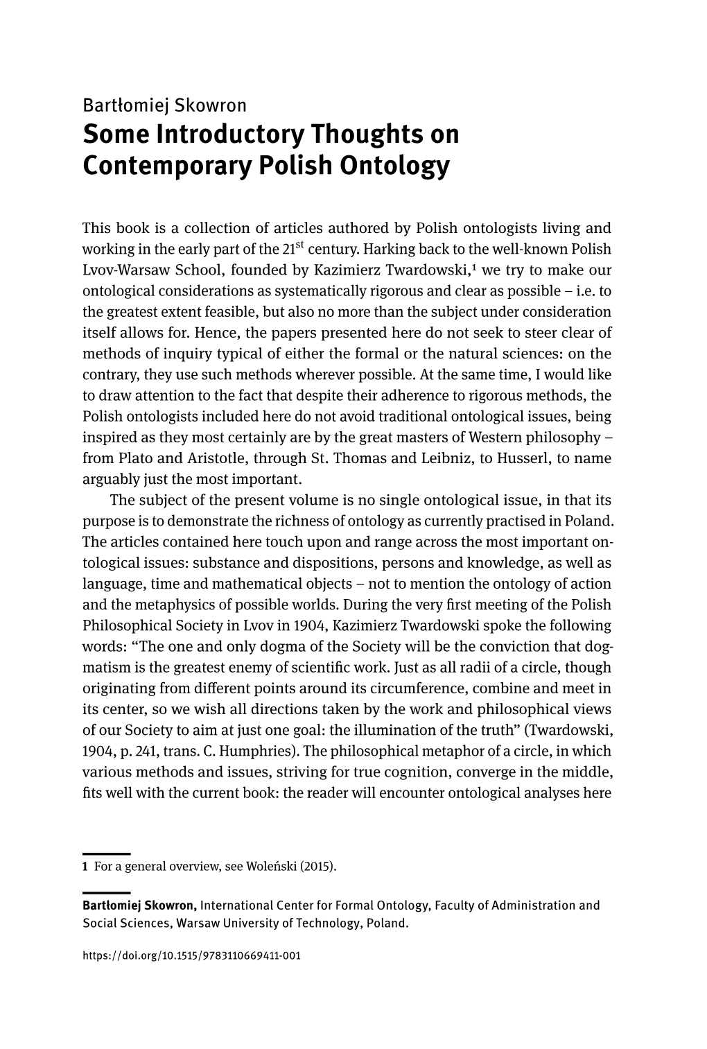 Some Introductory Thoughts on Contemporary Polish Ontology