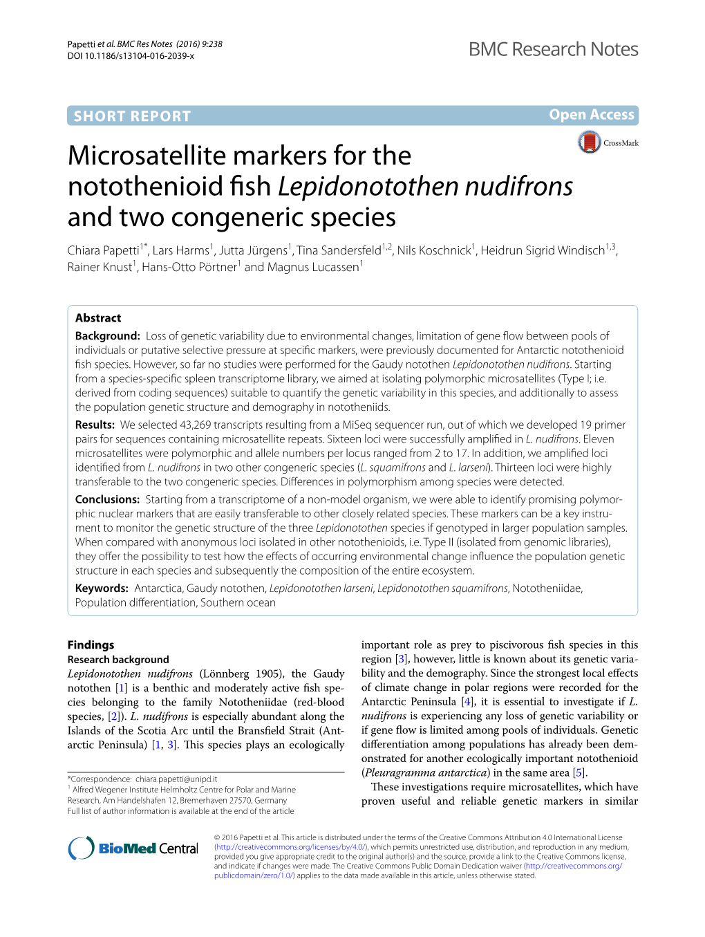 Microsatellite Markers for the Notothenioid Fish Lepidonotothen