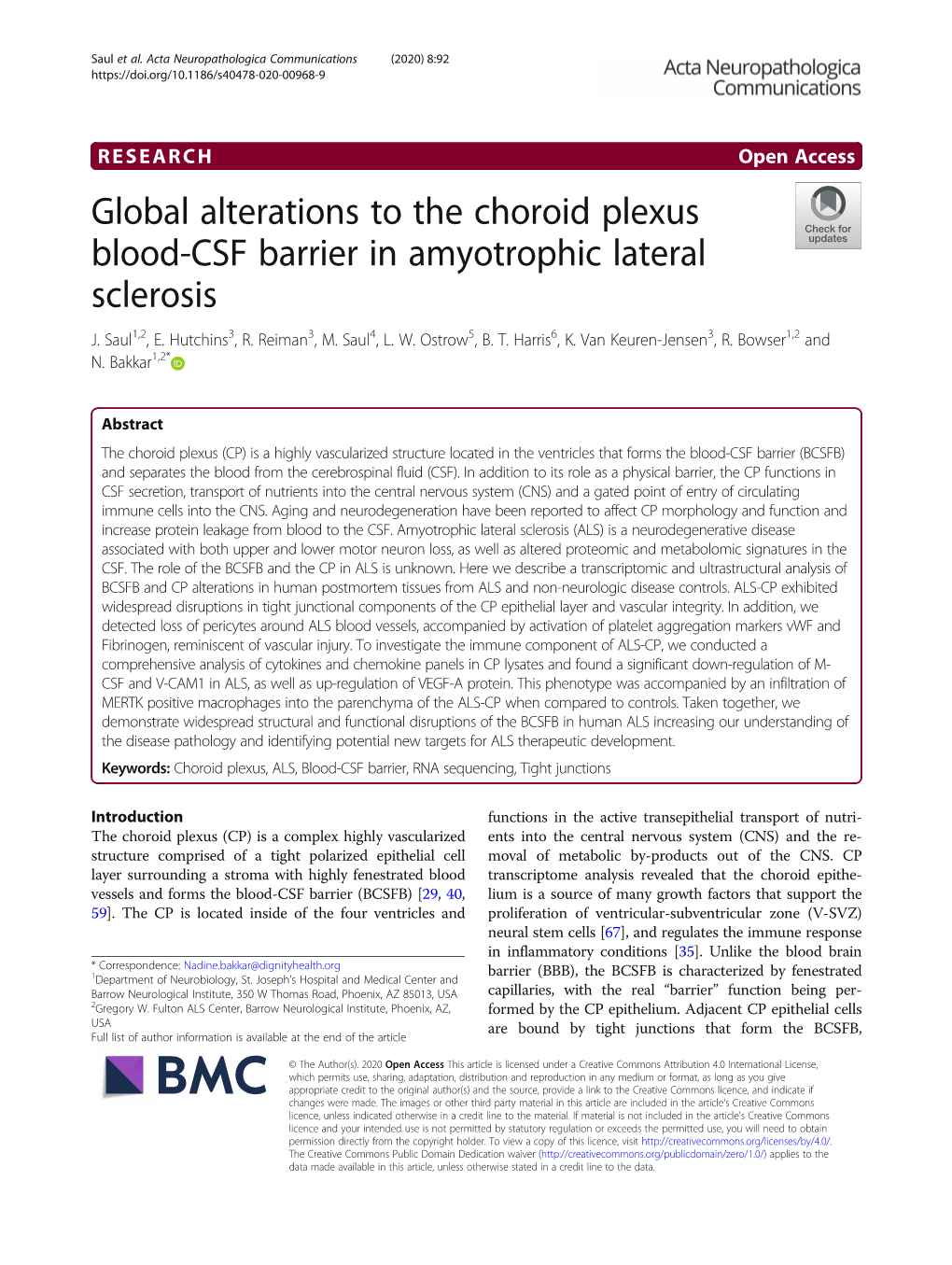 Global Alterations to the Choroid Plexus Blood-CSF Barrier in Amyotrophic Lateral Sclerosis J