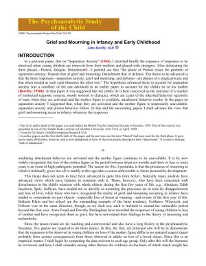 Grief and Mourning in Infancy and Early Childhood INTRODUCTION