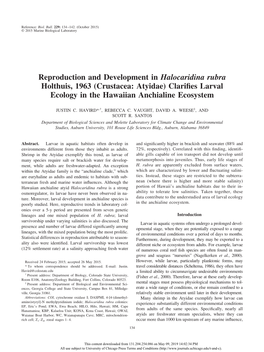 Reproduction and Development in Halocaridina Rubra Holthuis, 1963 (Crustacea: Atyidae) Clariﬁes Larval Ecology in the Hawaiian Anchialine Ecosystem