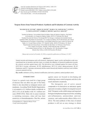 Terpene Esters from Natural Products: Synthesis and Evaluation of Cytotoxic Activity