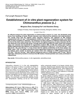 Establishment of in Vitro Plant Regeneration System for Chimonanthus Praecox (L.)